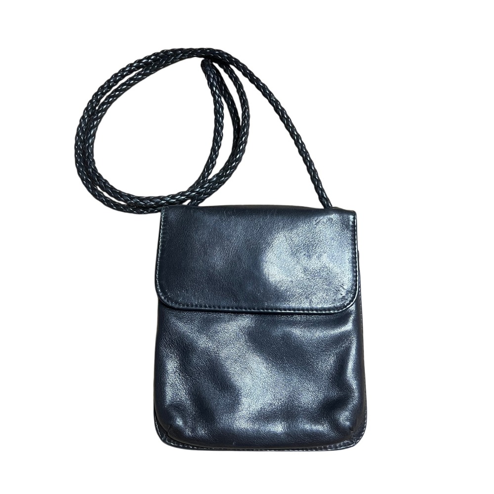 Enzo Angiolini Black Leather Braided Strap Crossbody Bag Small Minimalist Purse